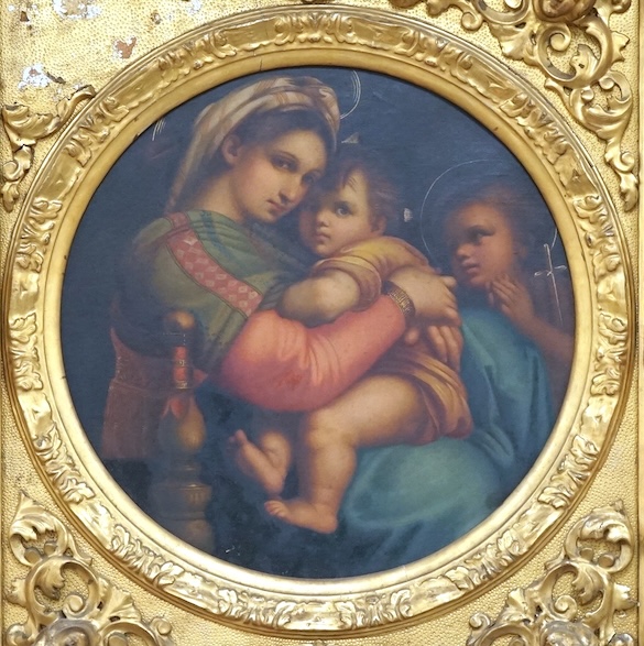 After Raphael (1483-1520), tondo oil on canvas, Madonna and chair, 38cm diameter, housed in ornate gilt frame